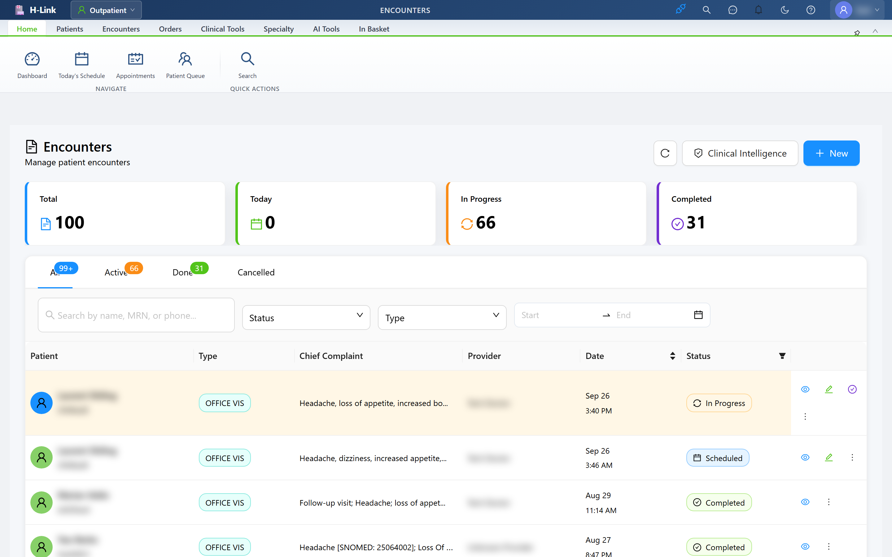 The H-Link encounters list, showing patient, visit type, chief complaint, provider and status for each visit.