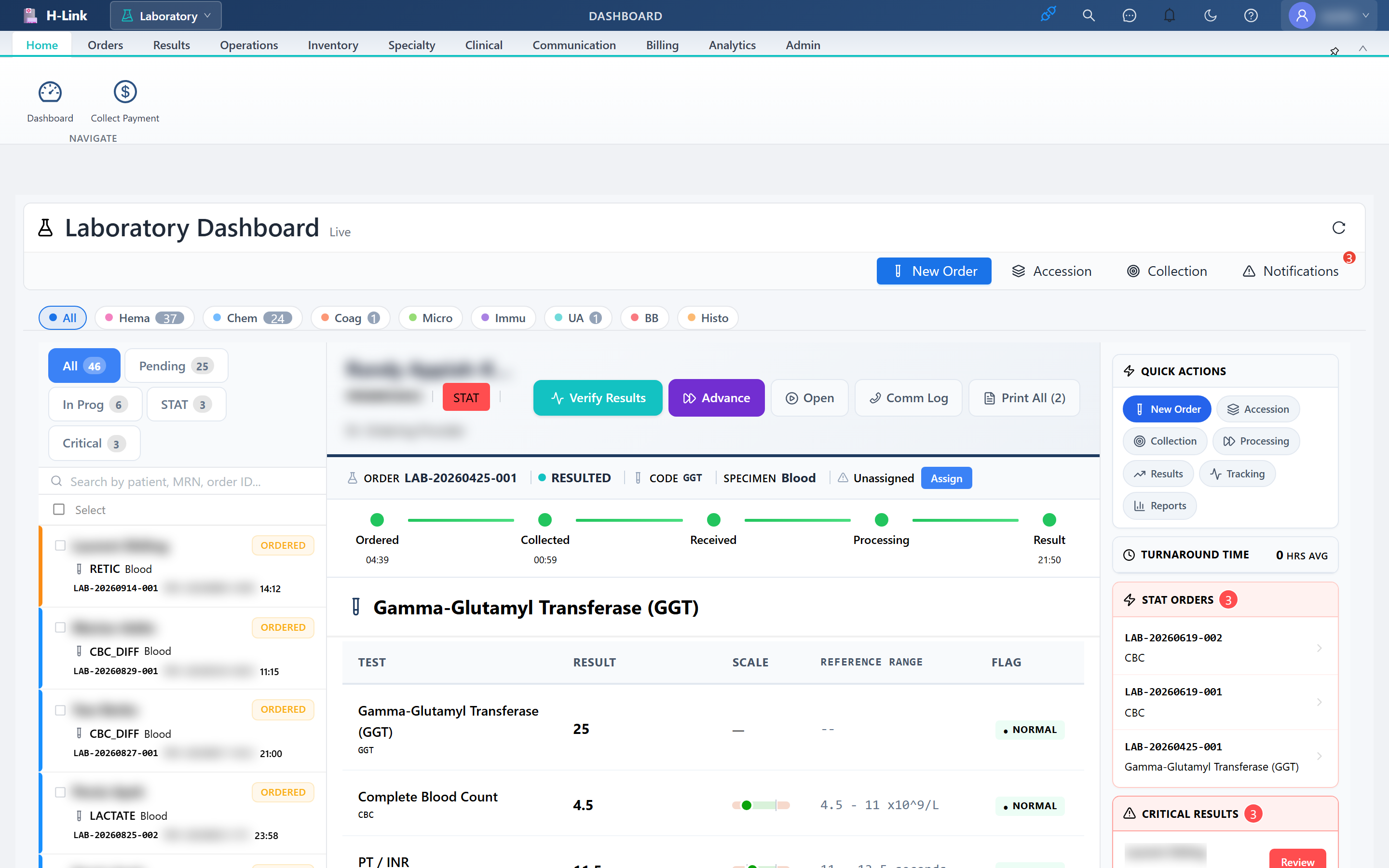 The H-Link laboratory dashboard: a worklist of orders by department, a patient's verified results with reference ranges, and STAT and critical-result panels.
